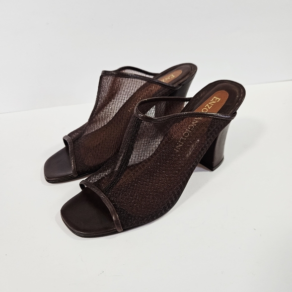 Enzo Angiolini Chocolate Brown Leather Mesh Slide On Mule Block Heel Sandal 8.5 - Picture 3 of 11